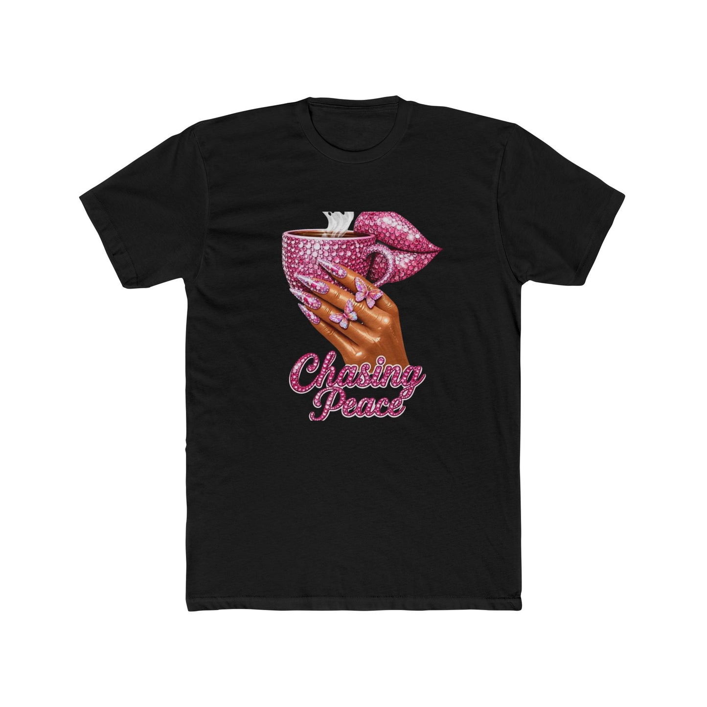 Chasing Peace Graphic Tee — Pink Glitter Lips & Manicure Shirt