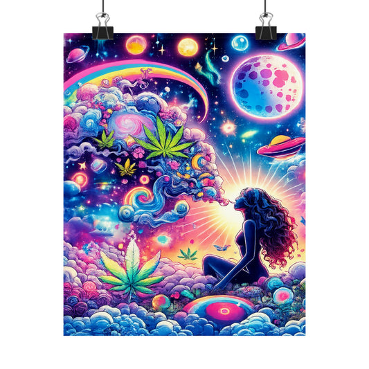 Psychedelic Space Poster — Rainbow Cosmic Girl with Cannabis Leaves Matte Vertical Print